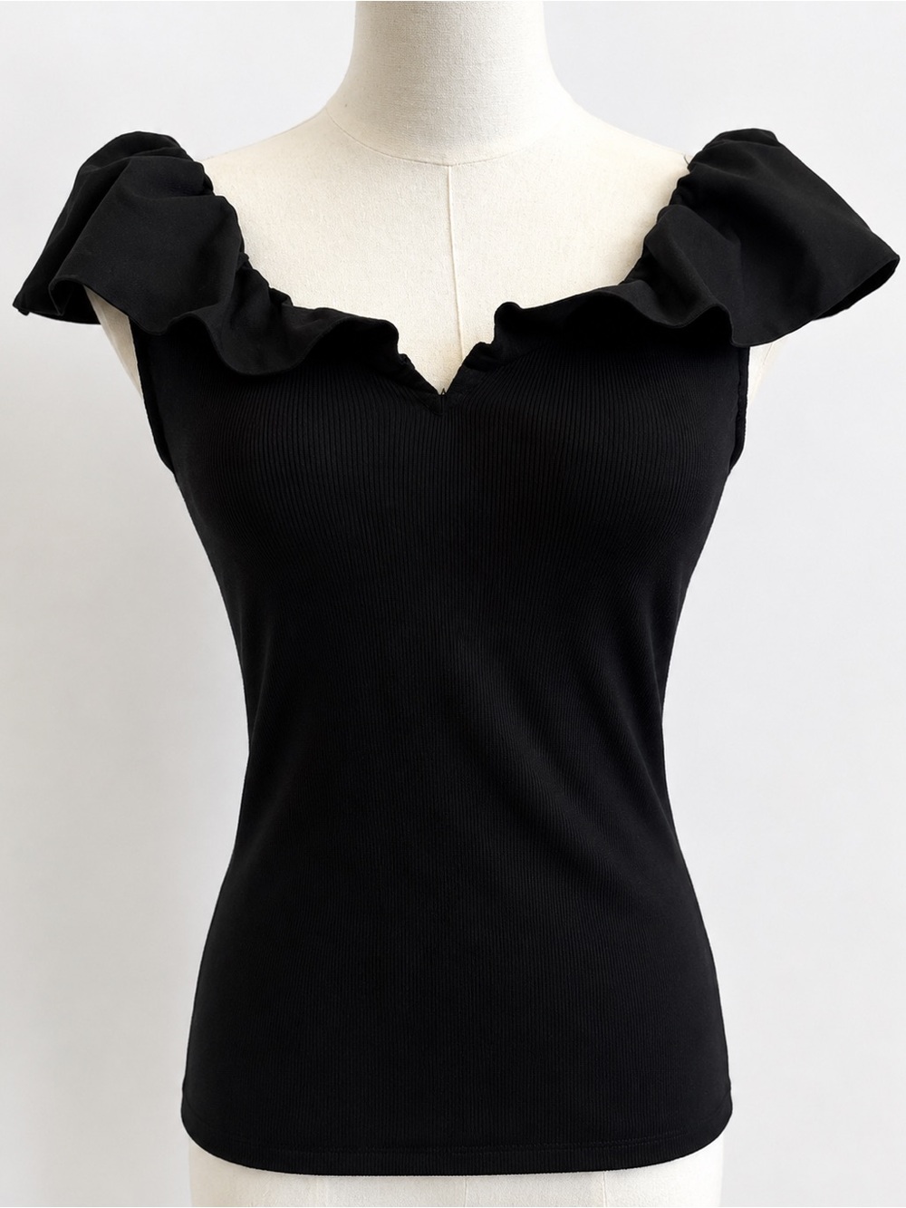 WHBM Ruffle Sleeve Ribbed Top XS Black Pima Cotton